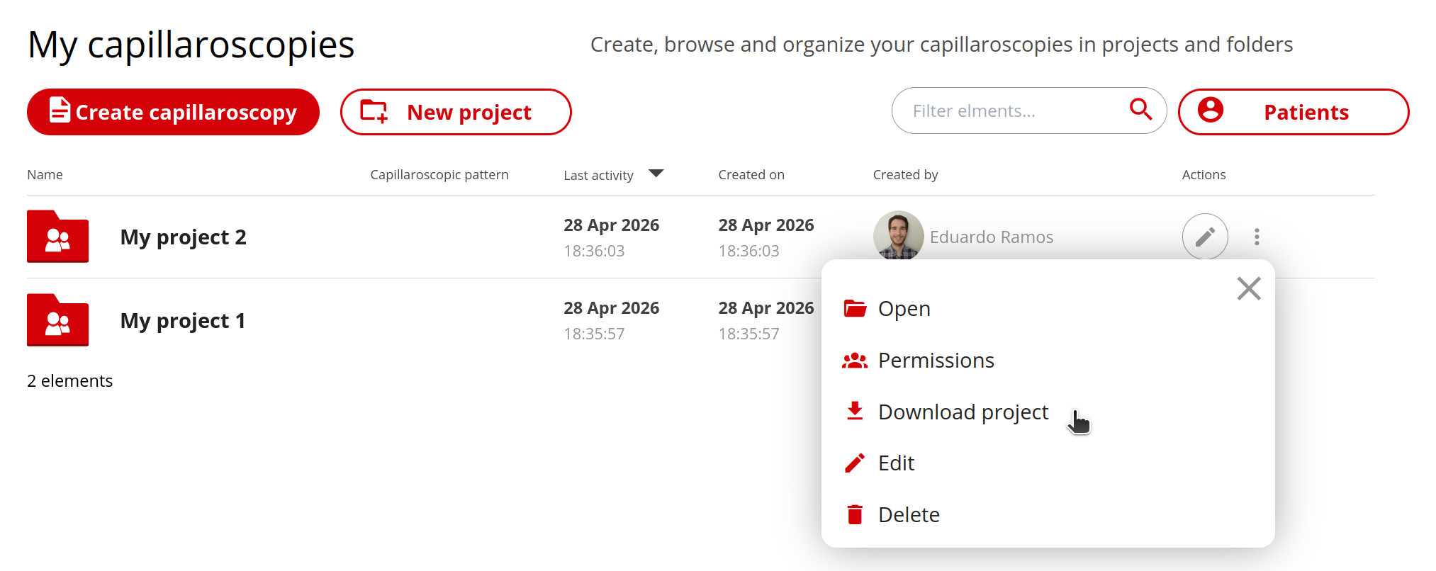 Esporta un progetto, una cartella o una serie completa del paziente come file ZIP, così il team può conservare un archivio offline completo senza scaricare ogni elemento separatamente.